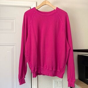 THE GREAT. pink cotton knit terry distressed crew boxy oversized cropped sweater